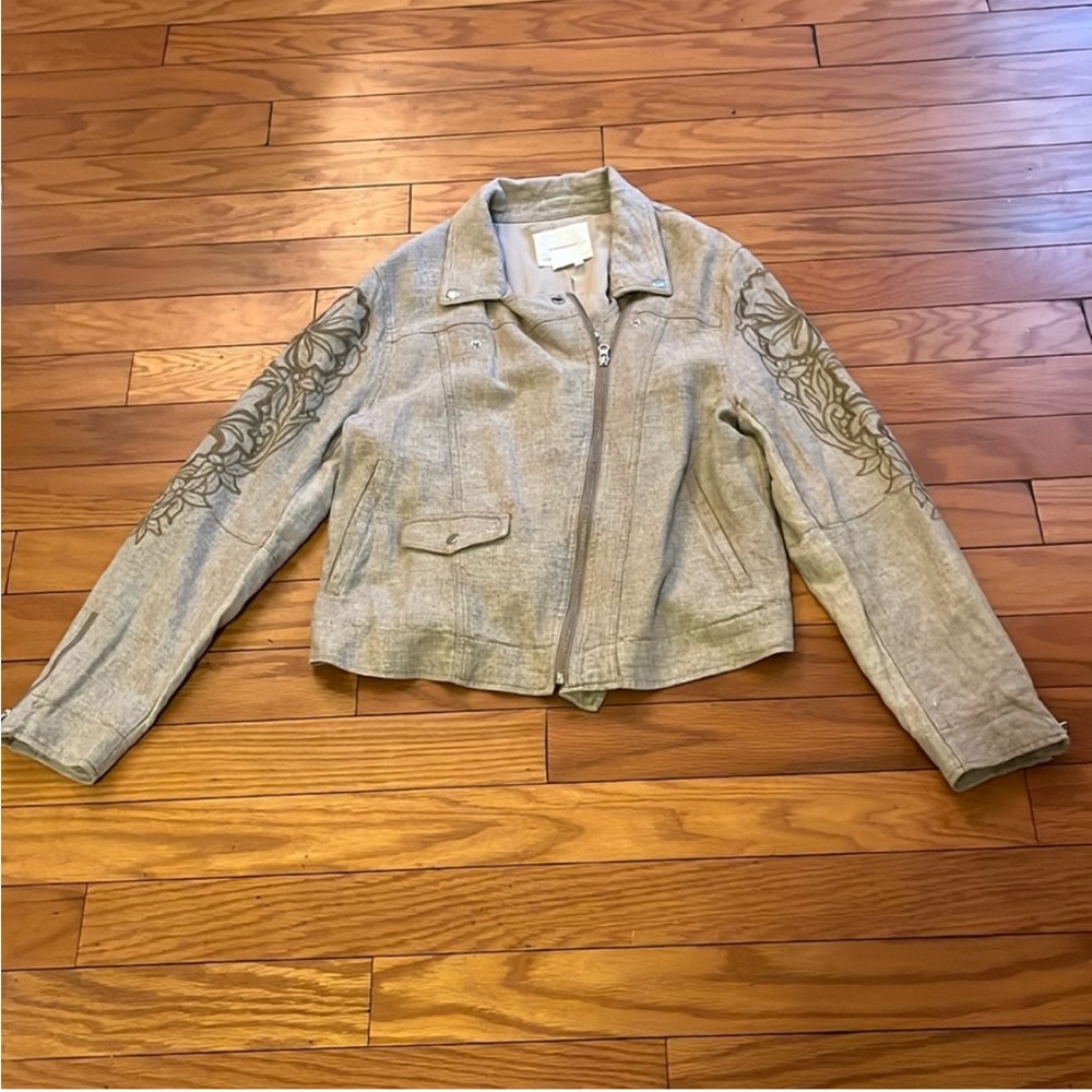 Anthropologie Gray Jean Jacket with Embroidered Sleeves